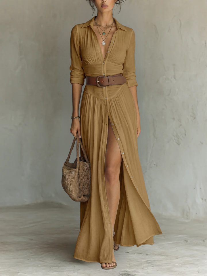 Clara | Vestido maxi de lino con cuello de solapa