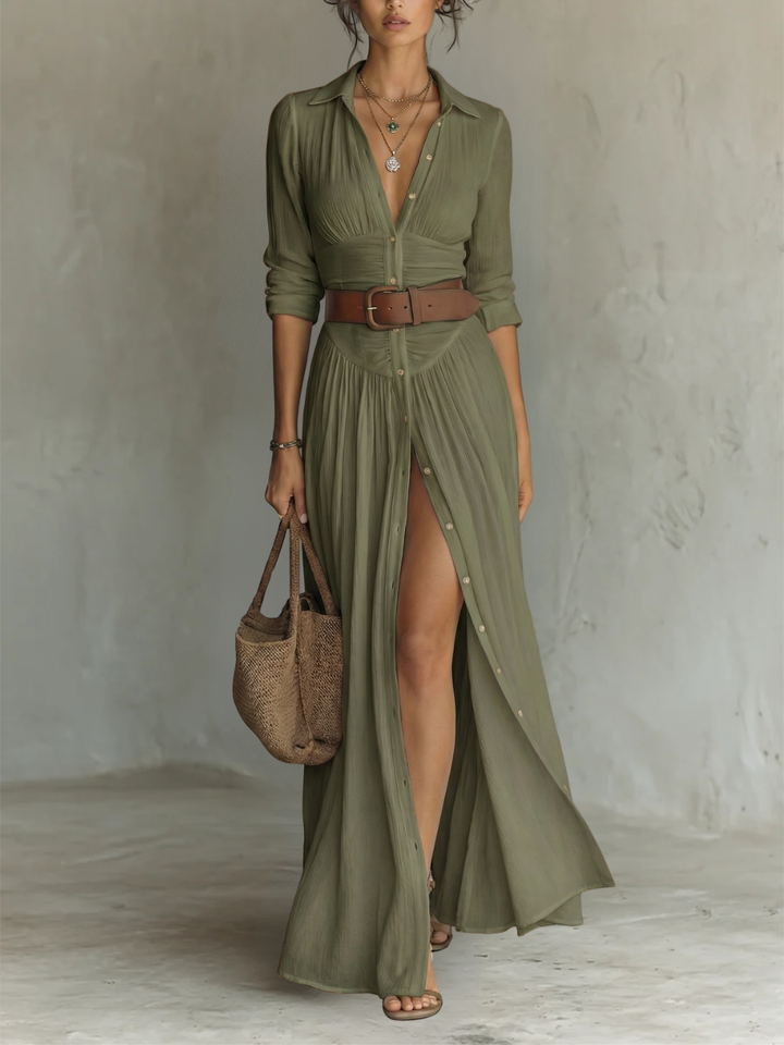 Clara | Vestido maxi de lino con cuello de solapa