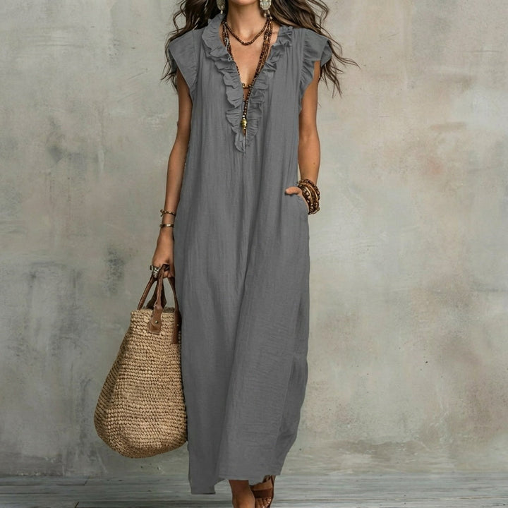 Josefina™  | Vestido largo con textura de lino con escote en pico y volantes