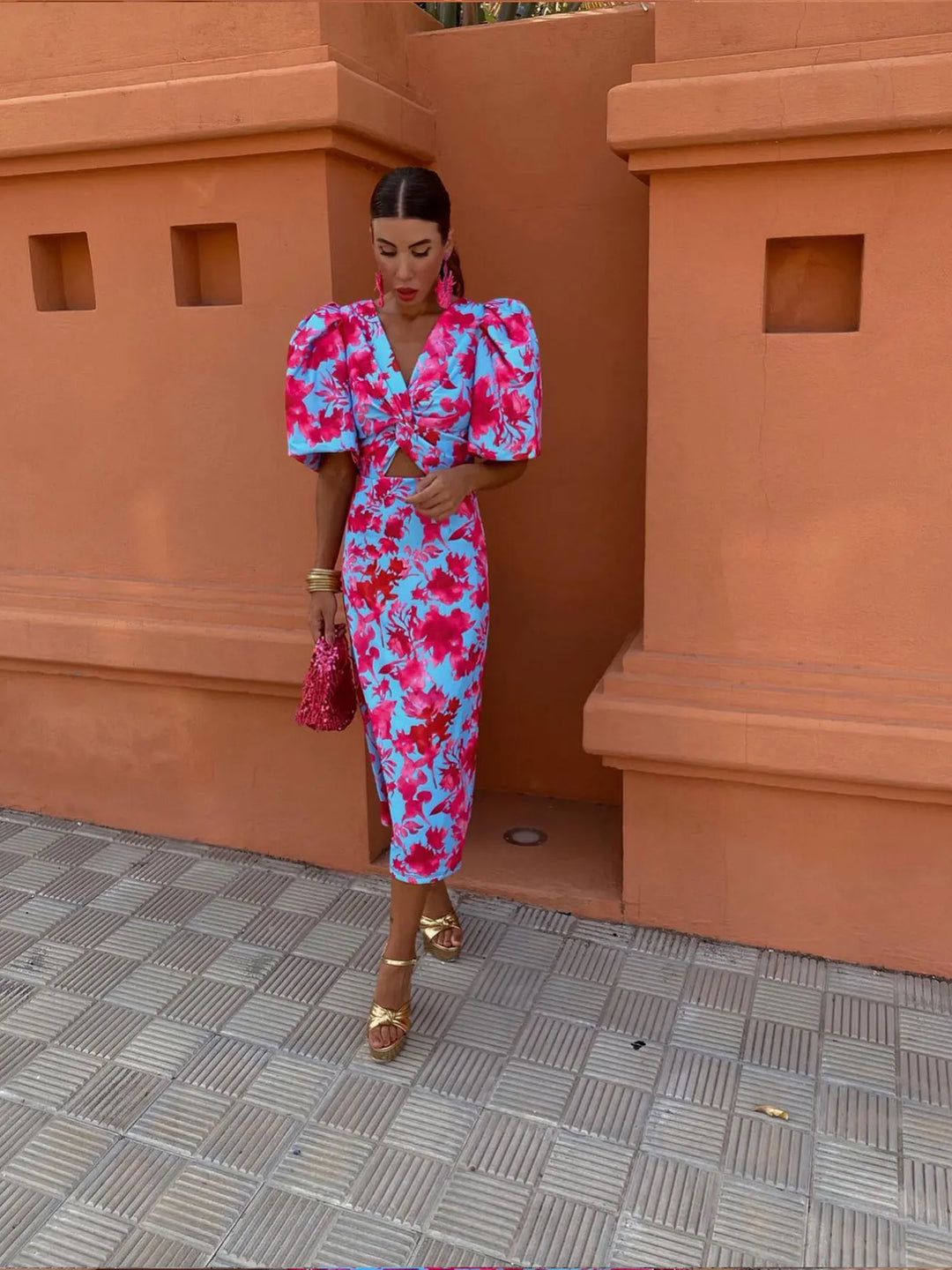 Carla | Vestido Midi Estampado con Mangas Abullonadas